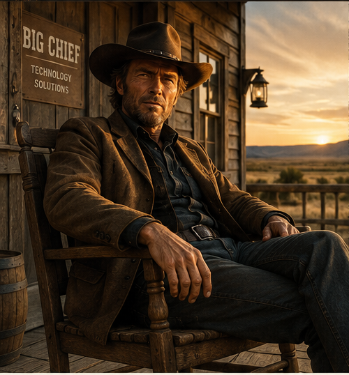 Original Western-inspired Chief character seated on a small-town porch at sunset